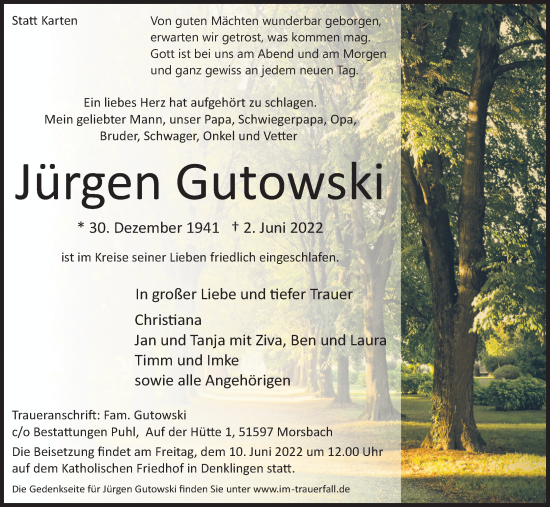 Anzeige von Jürgen Gutowski von Kölner Stadt-Anzeiger / Kölnische Rundschau / Express