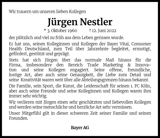 Anzeige von Jürgen Nestler von Kölner Stadt-Anzeiger / Kölnische Rundschau / Express