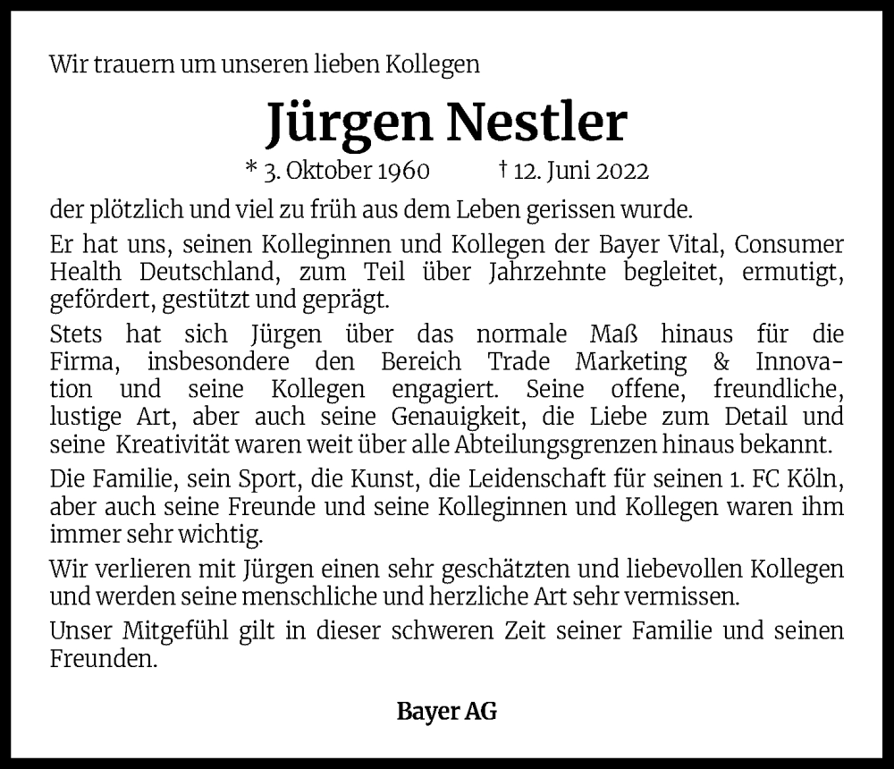  Traueranzeige für Jürgen Nestler vom 24.06.2022 aus Kölner Stadt-Anzeiger / Kölnische Rundschau / Express