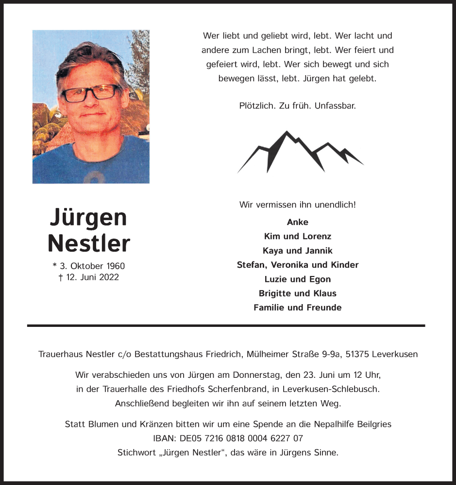  Traueranzeige für Jürgen Nestler vom 18.06.2022 aus Kölner Stadt-Anzeiger / Kölnische Rundschau / Express