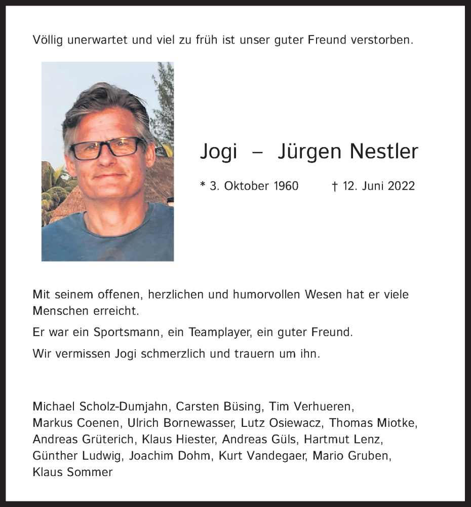  Traueranzeige für Jürgen Nestler vom 23.06.2022 aus Kölner Stadt-Anzeiger / Kölnische Rundschau / Express