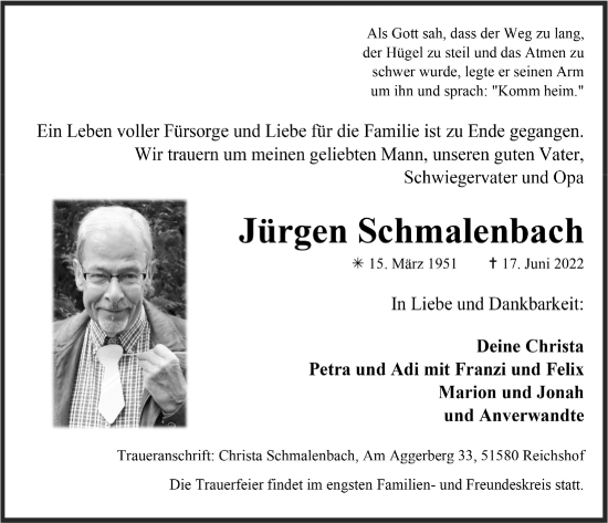 Anzeige von Jürgen Schmalenbach von  Anzeigen Echo 