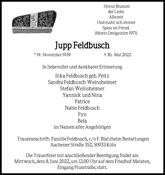 Anzeige von Jupp Feldbusch von Kölner Stadt-Anzeiger / Kölnische Rundschau / Express
