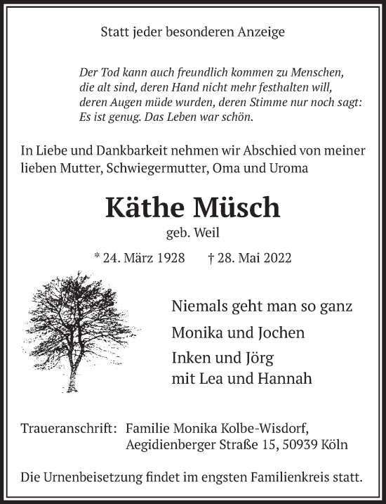 Anzeige von Käthe Müsch von  Wochenende 