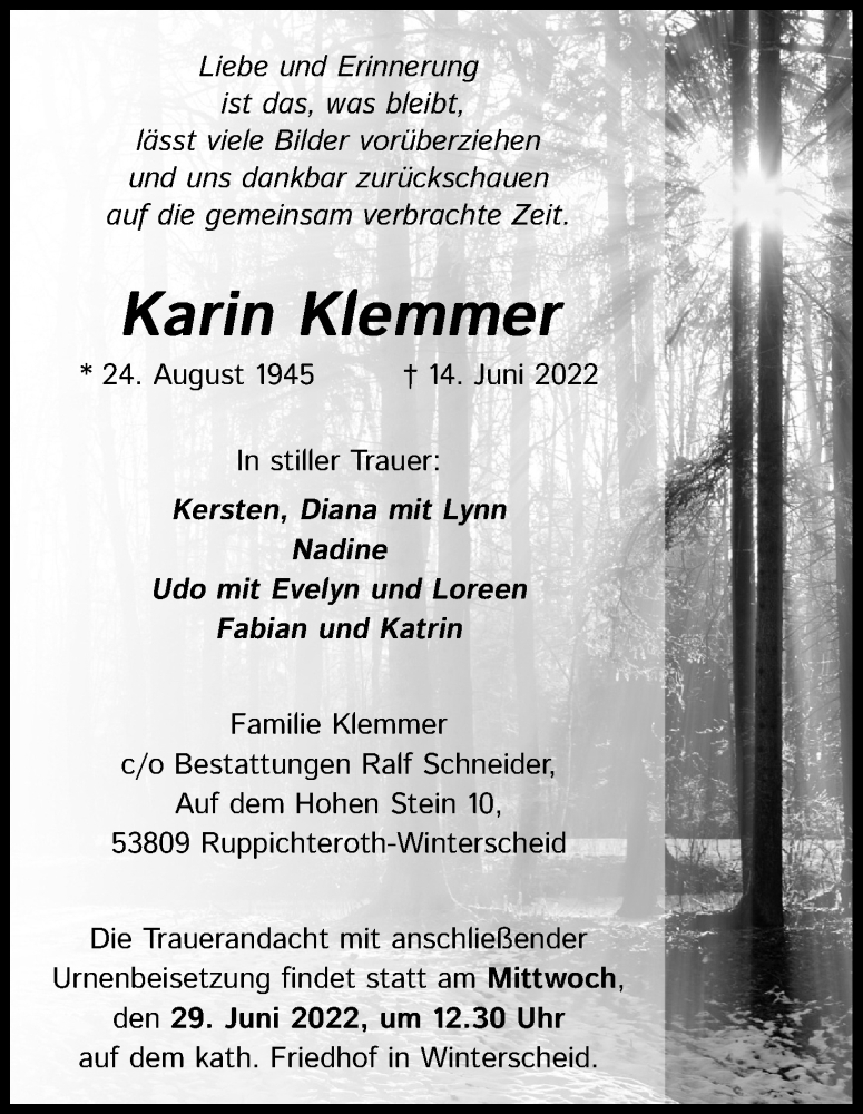  Traueranzeige für Karin Klemmer vom 25.06.2022 aus Kölner Stadt-Anzeiger / Kölnische Rundschau / Express