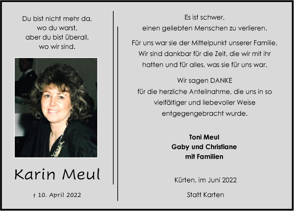  Traueranzeige für Karin Meul vom 17.06.2022 aus  Bergisches Handelsblatt 