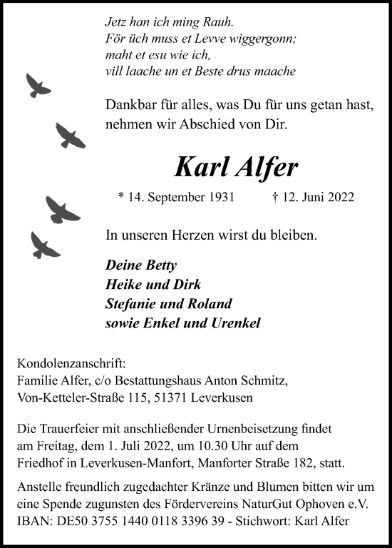 Anzeige von Karl Alfer von Kölner Stadt-Anzeiger / Kölnische Rundschau / Express