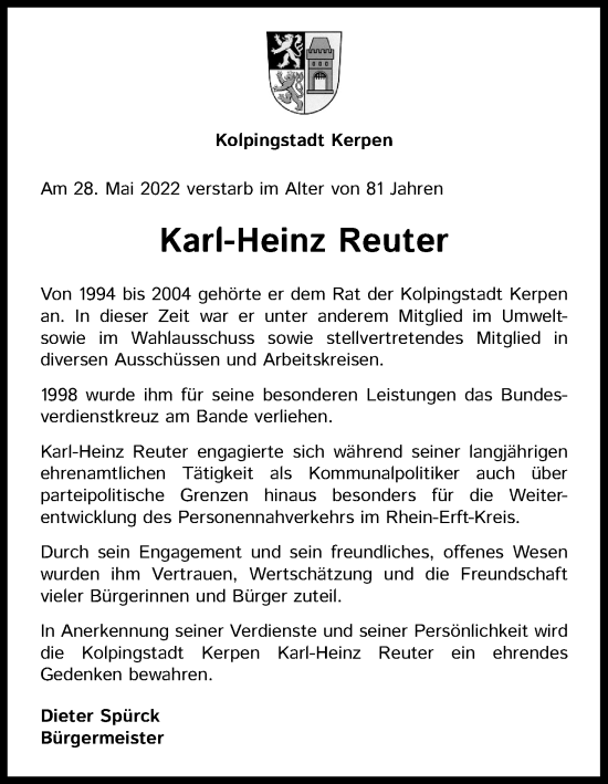 Anzeige von Karl-Heinz Reuter von Kölner Stadt-Anzeiger / Kölnische Rundschau / Express