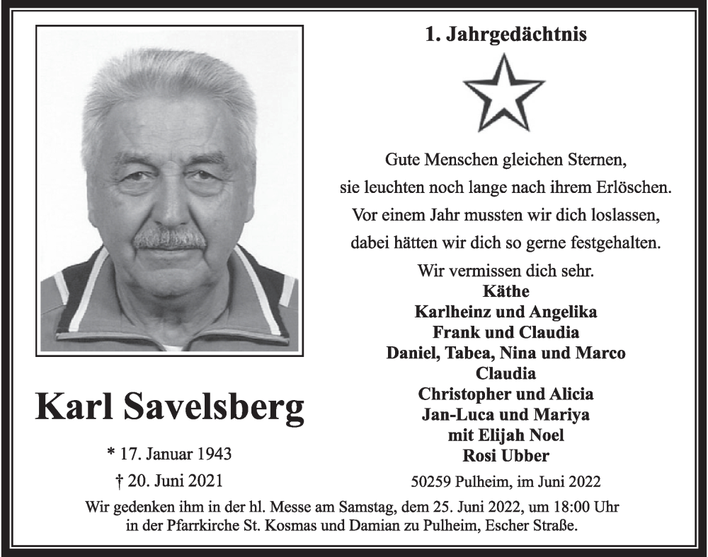  Traueranzeige für Karl Savelsberg vom 17.06.2022 aus  Wochenende 
