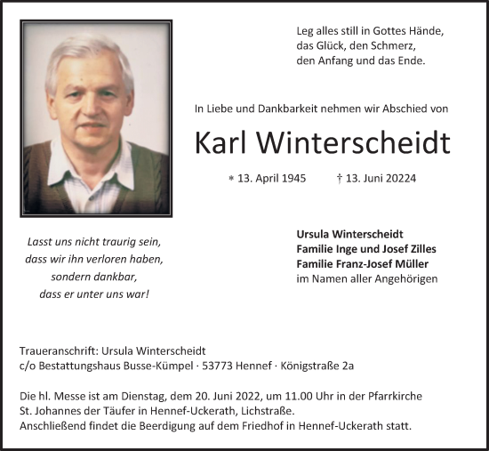 Anzeige von Karl Winterscheidt von Kölner Stadt-Anzeiger / Kölnische Rundschau / Express