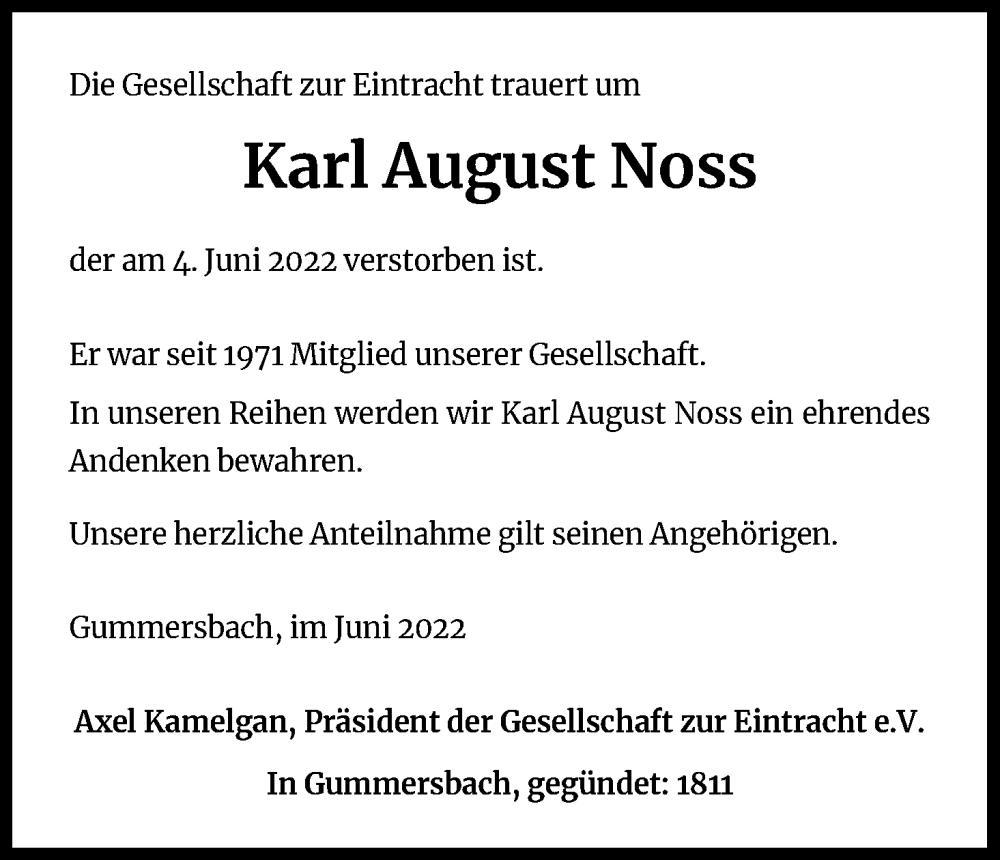  Traueranzeige für Karl August Noss vom 18.06.2022 aus Kölner Stadt-Anzeiger / Kölnische Rundschau / Express