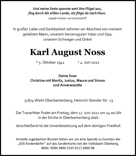 Anzeige von Karl August Noss von  Anzeigen Echo 