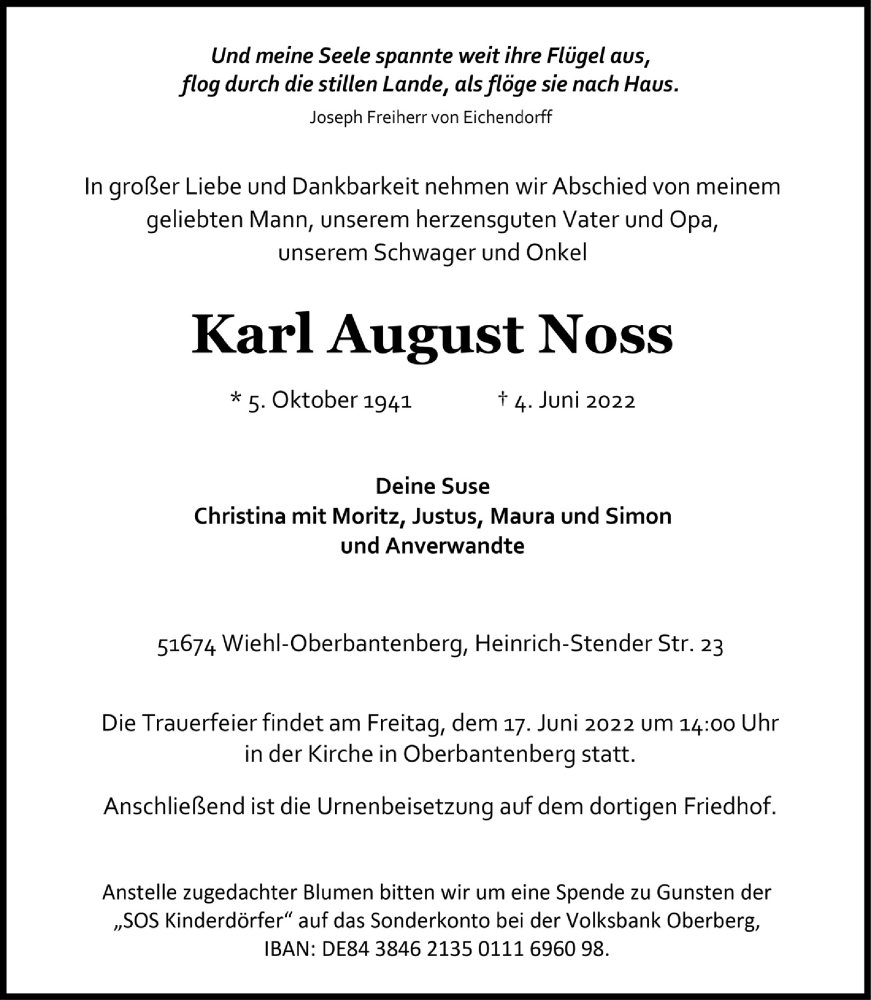  Traueranzeige für Karl August Noss vom 10.06.2022 aus  Anzeigen Echo 