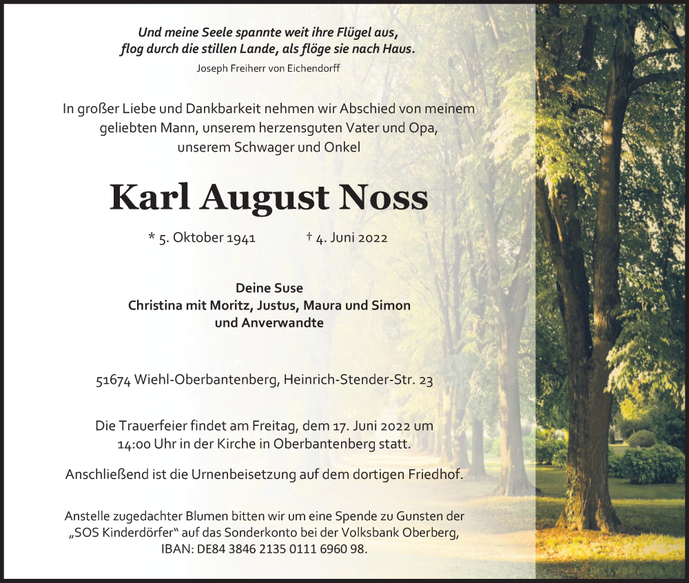  Traueranzeige für Karl August Noss vom 11.06.2022 aus Kölner Stadt-Anzeiger / Kölnische Rundschau / Express
