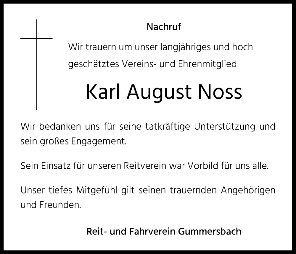  Traueranzeige für Karl August Noss vom 24.06.2022 aus Kölner Stadt-Anzeiger / Kölnische Rundschau / Express