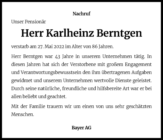 Anzeige von Karlheinz Berntgen von Kölner Stadt-Anzeiger / Kölnische Rundschau / Express