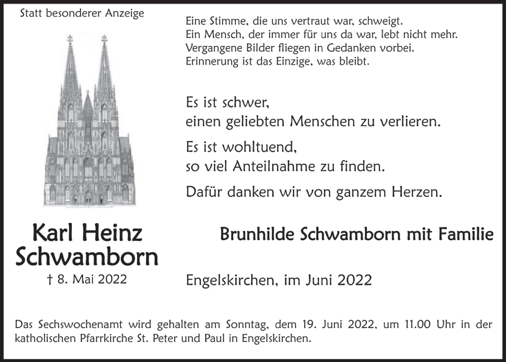  Traueranzeige für Karl Heinz Schwamborn vom 17.06.2022 aus  Anzeigen Echo 