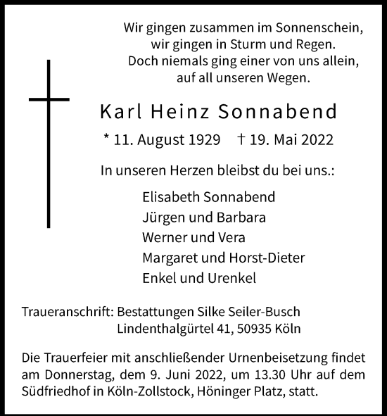 Anzeige von Karl Heinz Sonnabend von Kölner Stadt-Anzeiger / Kölnische Rundschau / Express