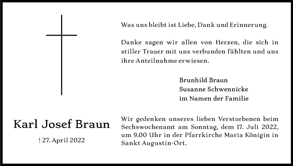  Traueranzeige für Karl Josef Braun vom 11.06.2022 aus Kölner Stadt-Anzeiger / Kölnische Rundschau / Express