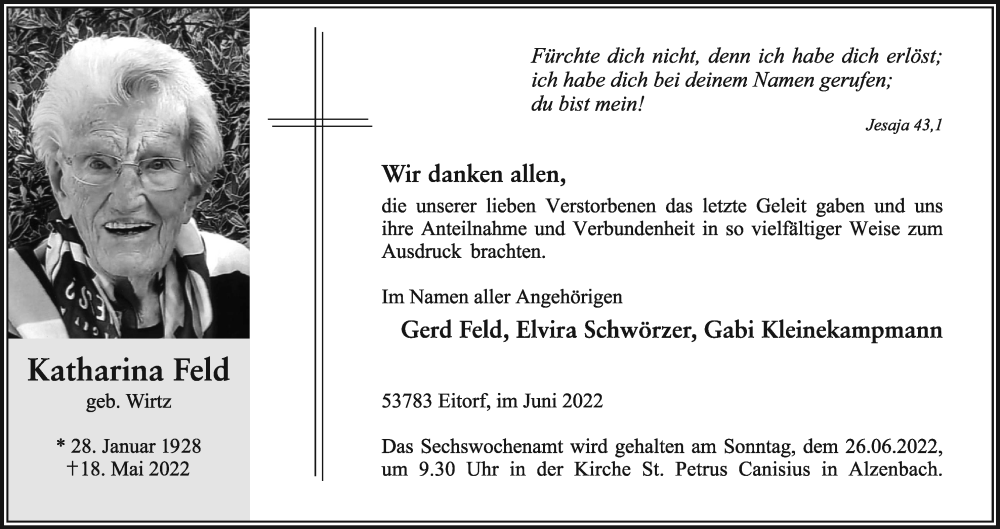 Traueranzeige für Katharina Feld vom 18.06.2022 aus Kölner Stadt-Anzeiger / Kölnische Rundschau / Express