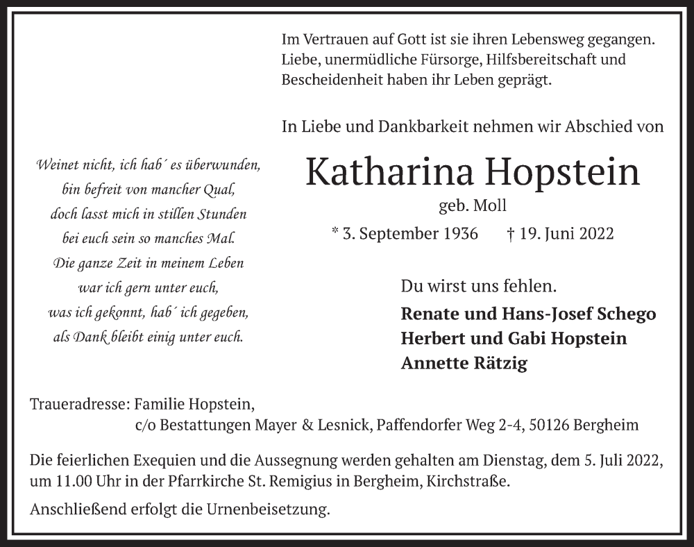  Traueranzeige für Katharina Hopstein vom 01.07.2022 aus  Werbepost 