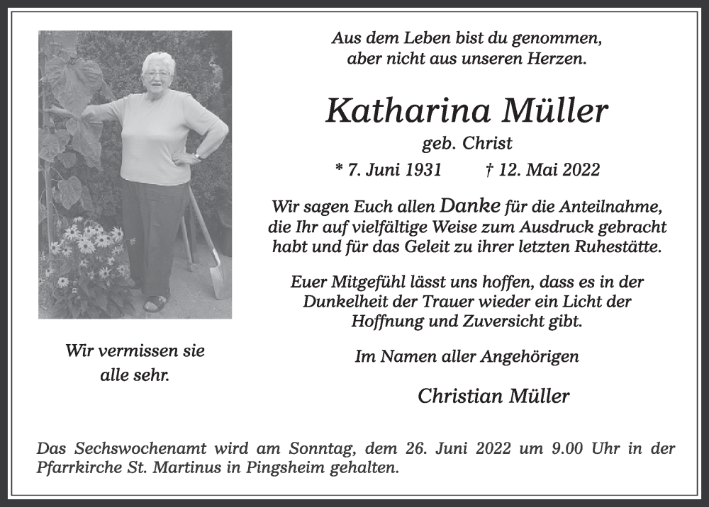  Traueranzeige für Katharina Müller vom 17.06.2022 aus  Werbepost 