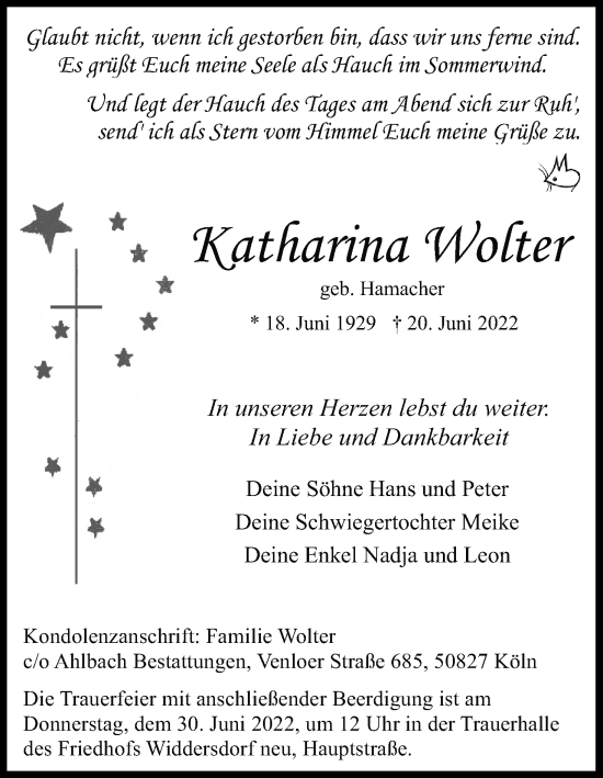 Anzeige von Katharina Wolter von Kölner Stadt-Anzeiger / Kölnische Rundschau / Express