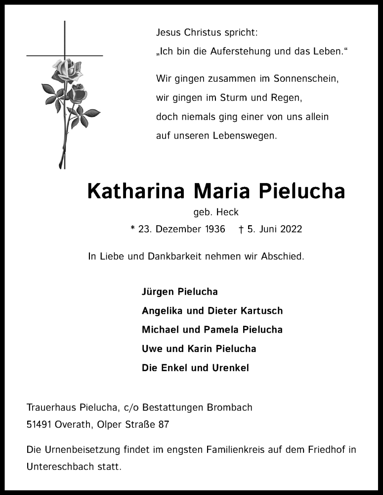  Traueranzeige für Katharina Maria Pielucha vom 18.06.2022 aus Kölner Stadt-Anzeiger / Kölnische Rundschau / Express