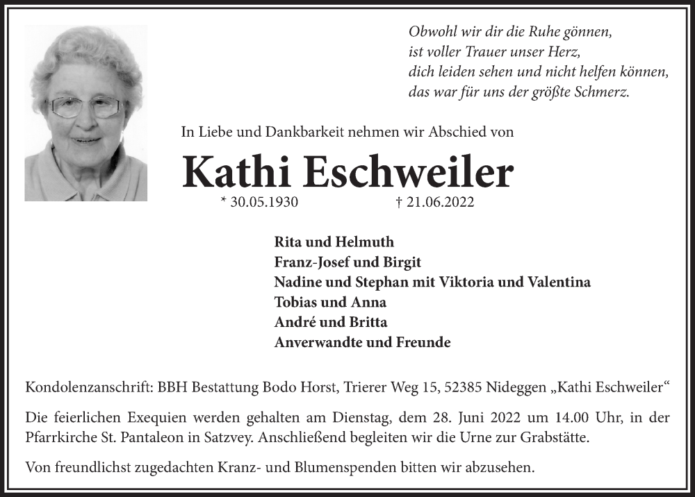  Traueranzeige für Kathi Eschweiler vom 25.06.2022 aus  Blickpunkt Euskirchen 