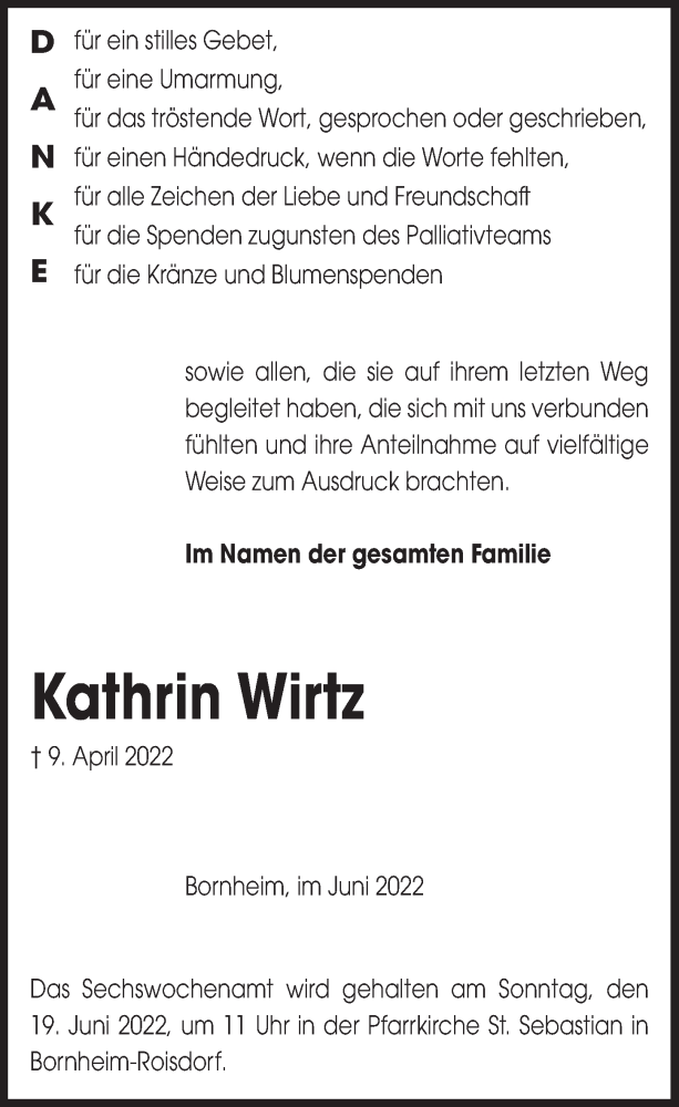  Traueranzeige für Kathrin Wirtz vom 10.06.2022 aus  Schaufenster/Blickpunkt 