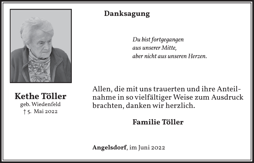  Traueranzeige für Kethe Töller vom 10.06.2022 aus  Werbepost 