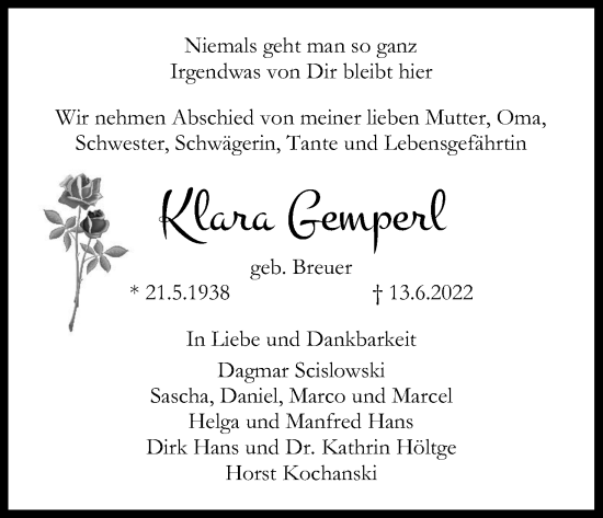 Anzeige von Klara Gemperl von Kölner Stadt-Anzeiger / Kölnische Rundschau / Express