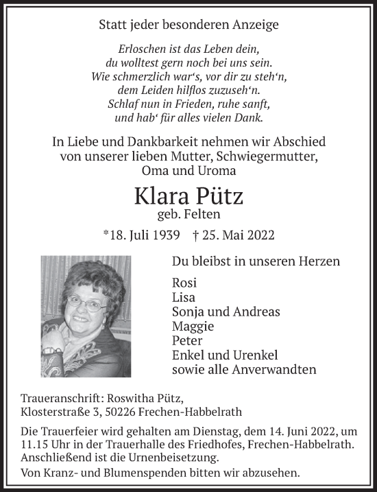 Anzeige von Klara Pütz von  Wochenende 