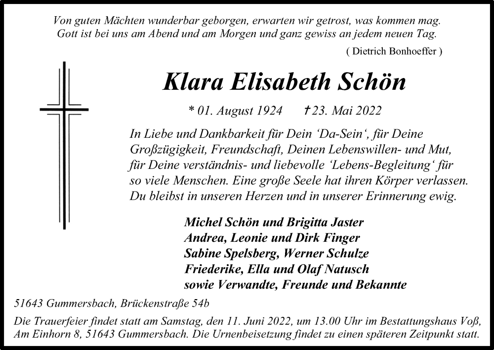  Traueranzeige für Klara Elisabeth Schön vom 08.06.2022 aus Kölner Stadt-Anzeiger / Kölnische Rundschau / Express
