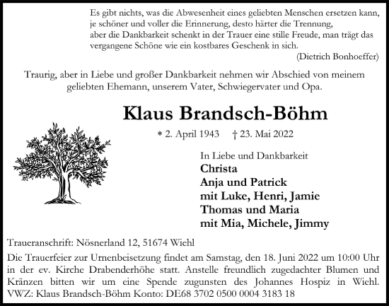 Anzeige von Klaus Brandsch-Böhm von  Anzeigen Echo 