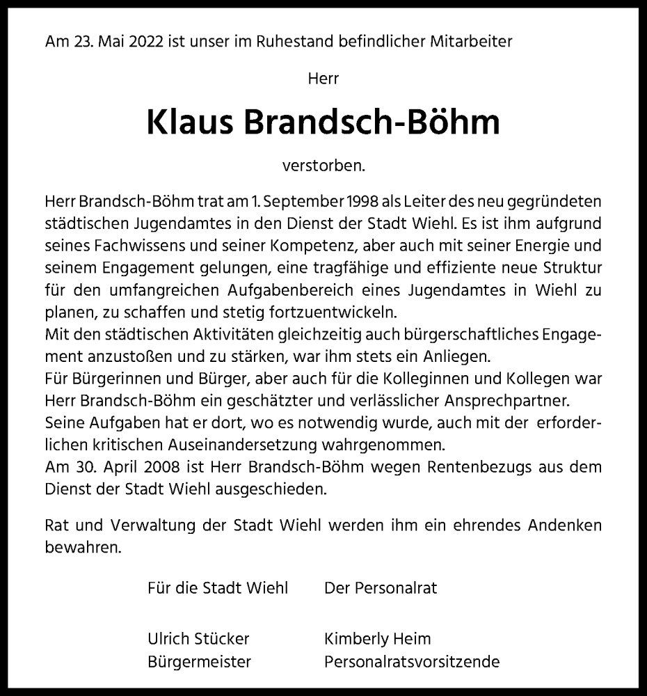  Traueranzeige für Klaus Brandsch-Böhm vom 04.06.2022 aus Kölner Stadt-Anzeiger / Kölnische Rundschau / Express