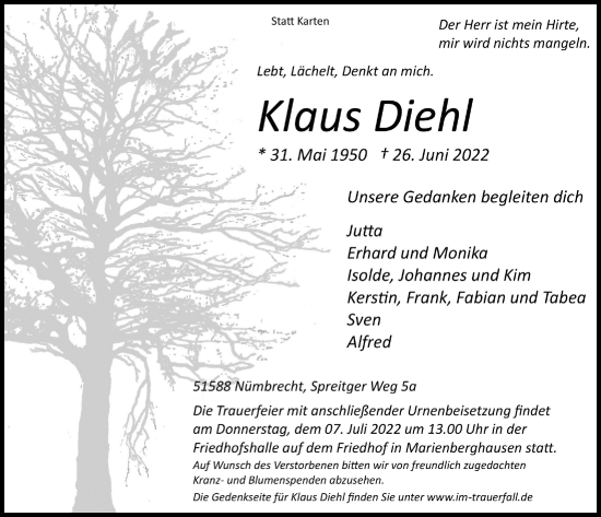 Anzeige von Klaus Diehl von  Anzeigen Echo 