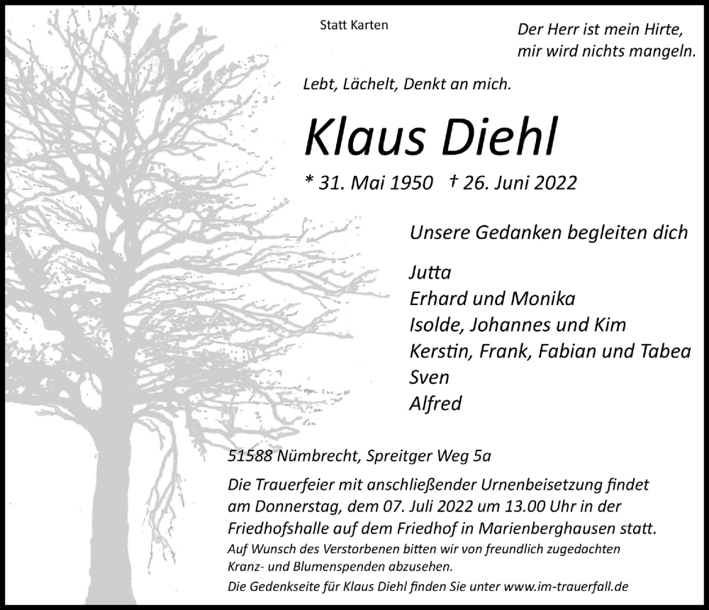  Traueranzeige für Klaus Diehl vom 01.07.2022 aus  Anzeigen Echo 