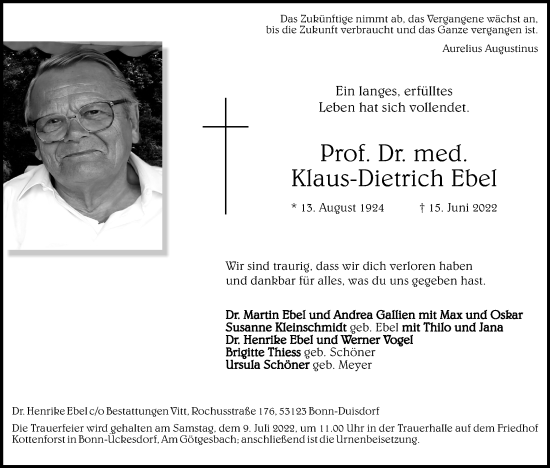 Anzeige von Klaus-Dietrich Ebel von Kölner Stadt-Anzeiger / Kölnische Rundschau / Express