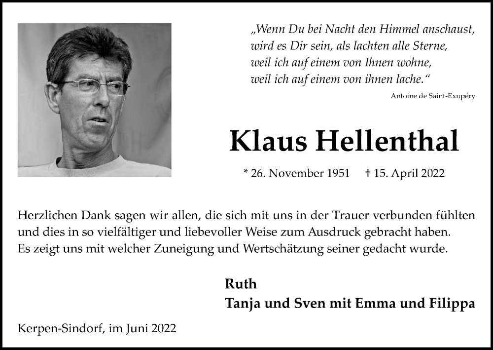  Traueranzeige für Klaus Hellenthal vom 11.06.2022 aus Kölner Stadt-Anzeiger / Kölnische Rundschau / Express