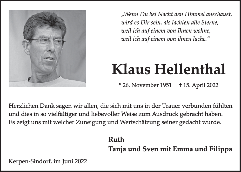  Traueranzeige für Klaus Hellenthal vom 10.06.2022 aus  Werbepost 