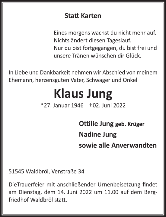 Anzeige von Klaus Jung von  Lokalanzeiger 
