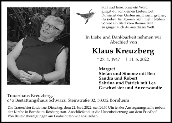 Anzeige von Klaus Kreuzberg von  Schaufenster/Blickpunkt 