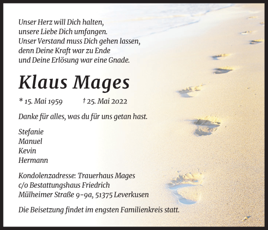 Anzeige von Klaus Mages von Kölner Stadt-Anzeiger / Kölnische Rundschau / Express
