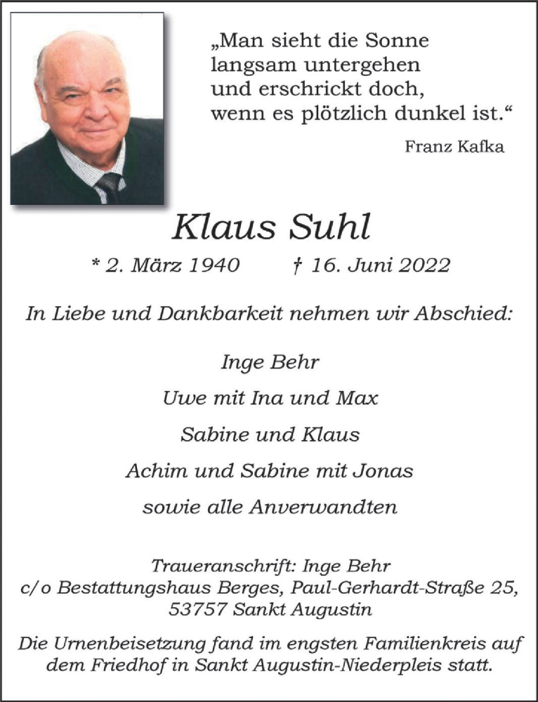  Traueranzeige für Klaus Suhl vom 01.07.2022 aus  Extra Blatt 