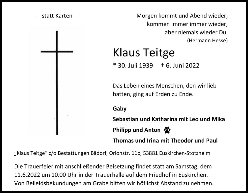  Traueranzeige für Klaus Teitge vom 09.06.2022 aus Kölner Stadt-Anzeiger / Kölnische Rundschau / Express