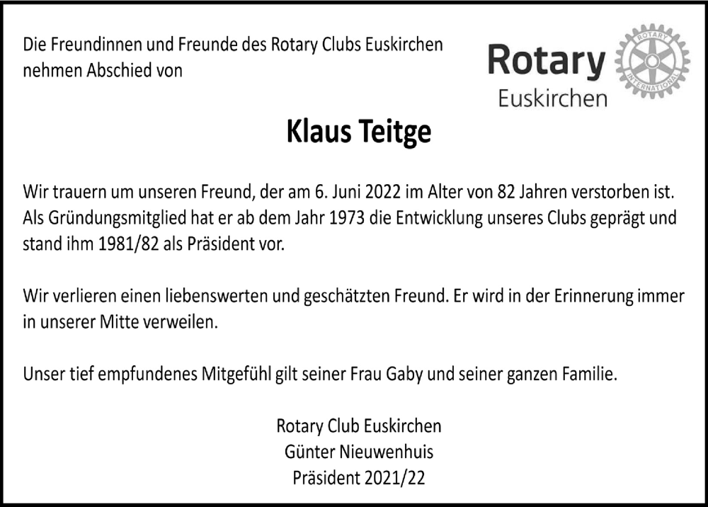  Traueranzeige für Klaus Teitge vom 11.06.2022 aus  Blickpunkt Euskirchen 
