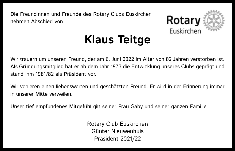  Traueranzeige für Klaus Teitge vom 11.06.2022 aus Kölner Stadt-Anzeiger / Kölnische Rundschau / Express