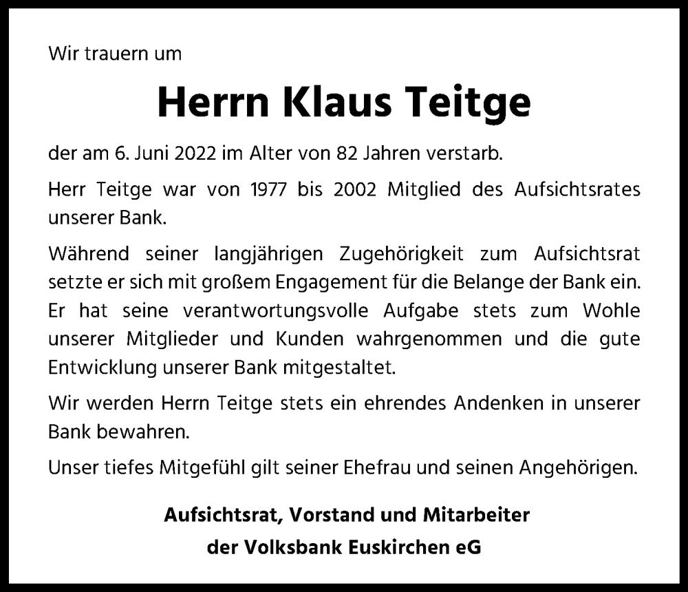  Traueranzeige für Klaus Teitge vom 18.06.2022 aus Kölner Stadt-Anzeiger / Kölnische Rundschau / Express