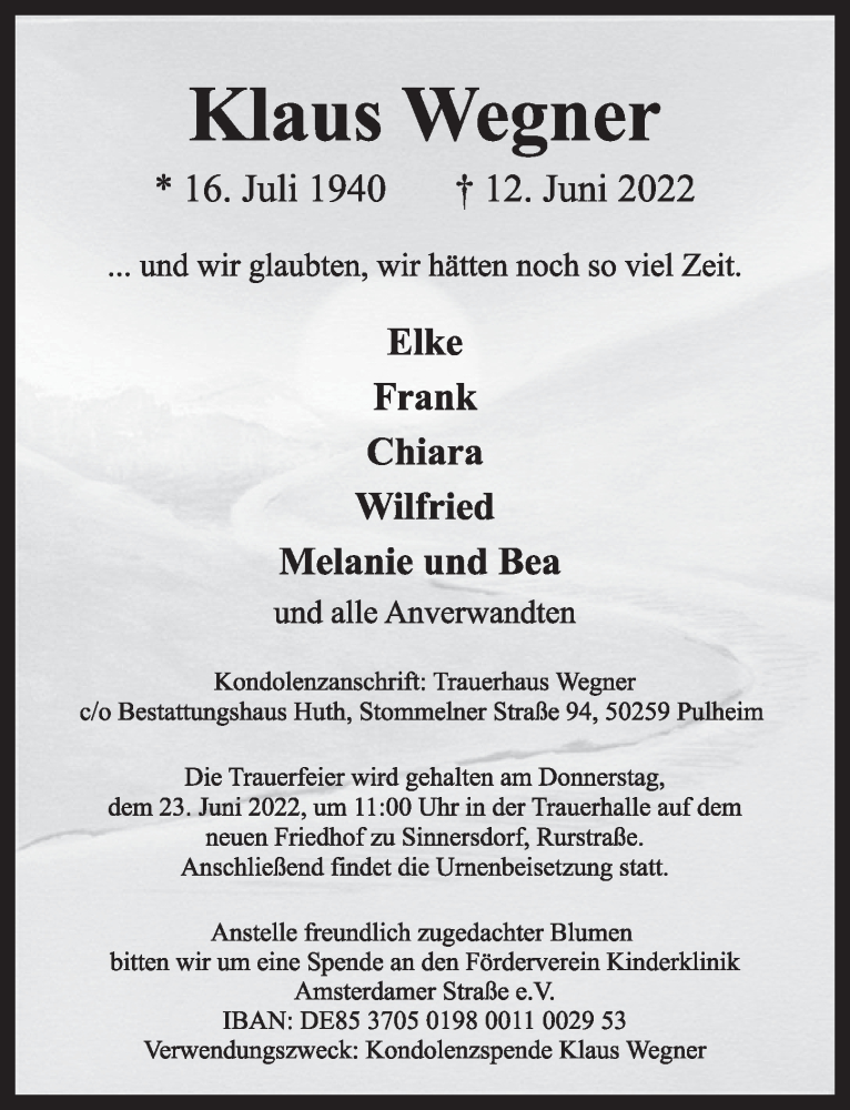  Traueranzeige für Klaus Wegner vom 17.06.2022 aus  Wochenende 